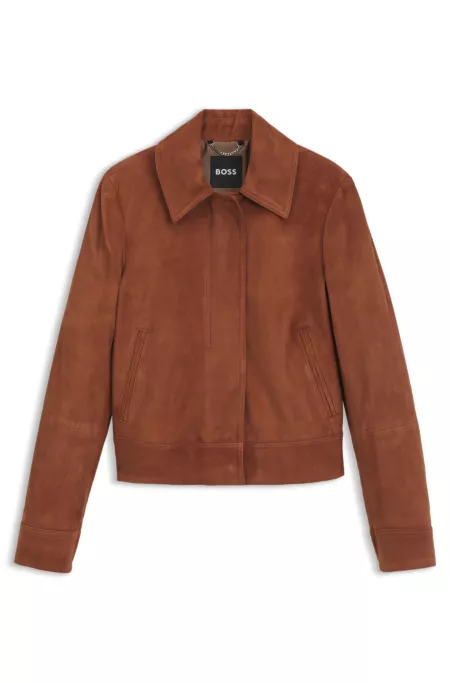 Suede jacket with covered zipper closure