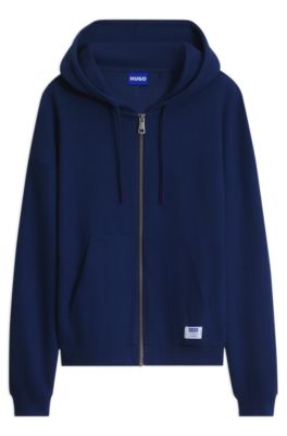Sudadera loose fit de punto waffle con capucha y cremallera, Azul oscuro