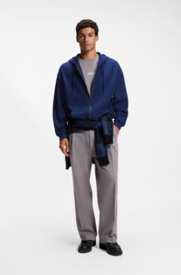 Sudadera loose fit de punto waffle con capucha y cremallera, Azul oscuro