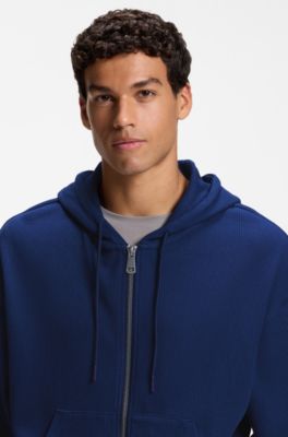Sudadera loose fit de punto waffle con capucha y cremallera, Azul oscuro