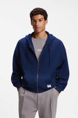 Loose-fit zip-up hoodie in a waffle knit, Dark Blue
