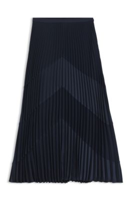 Pliss&eacute;-satin skirt with chevron pattern, Dark Blue