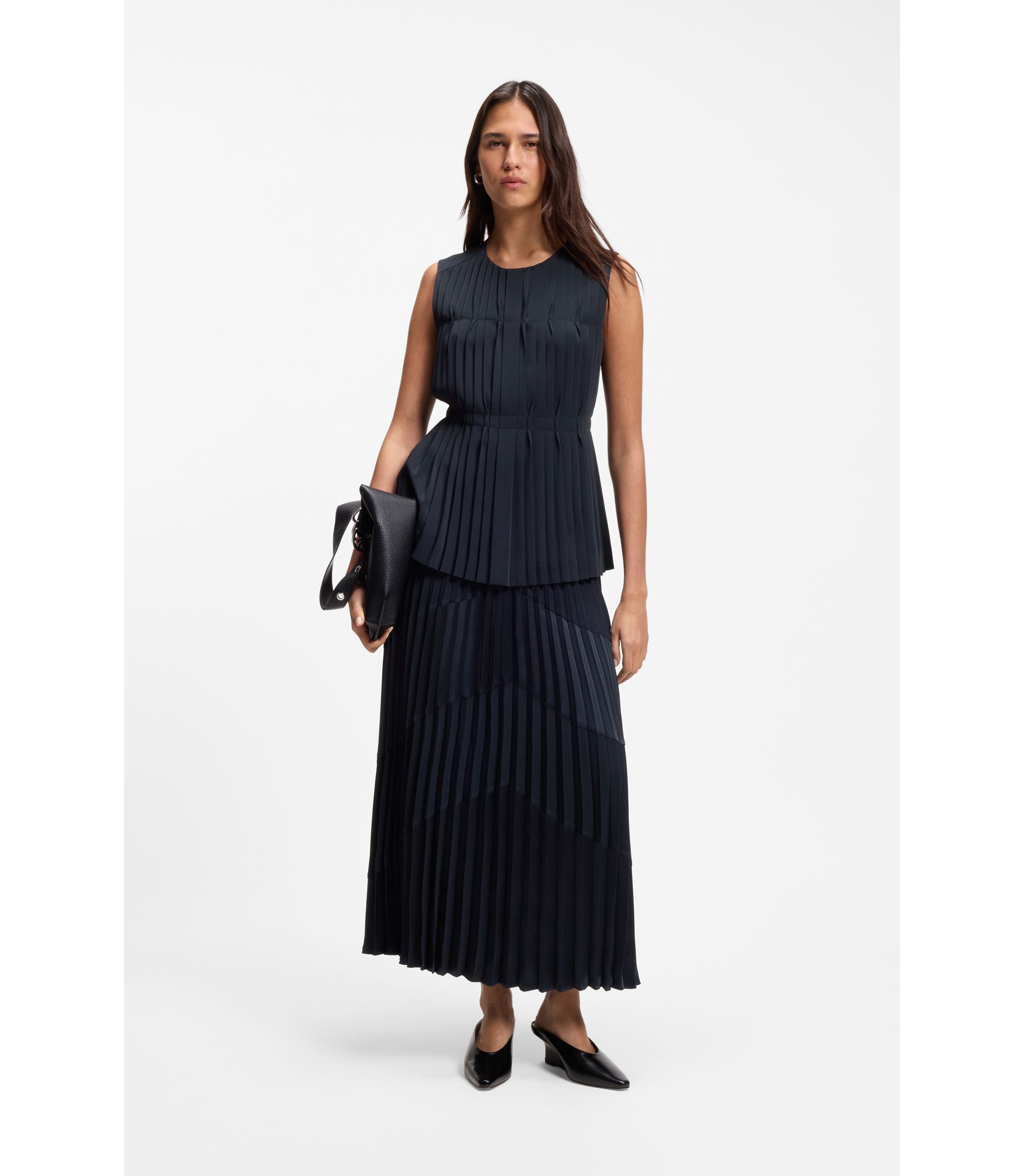 BOSS - Plissé-satin skirt with chevron pattern - Dark Blue