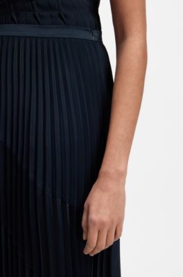 Falda de sat&eacute;n plisado con estampado de chevr&oacute;n, Azul oscuro