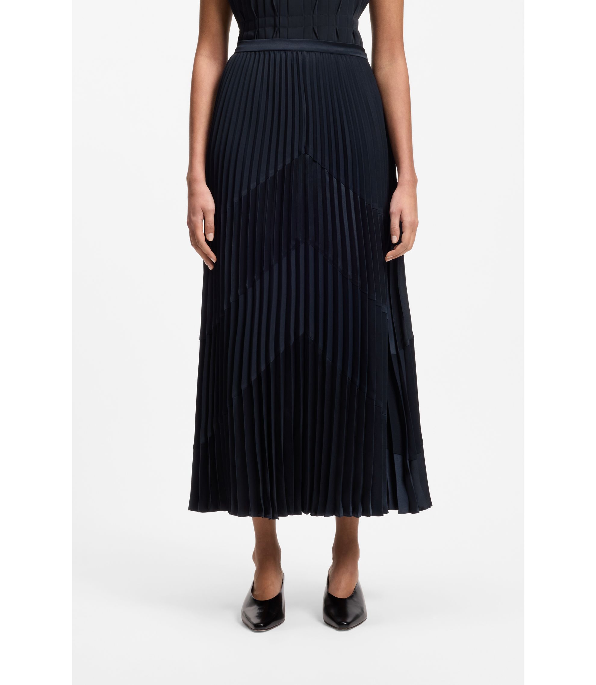 BOSS - Plissé-satin skirt with chevron pattern - Dark Blue