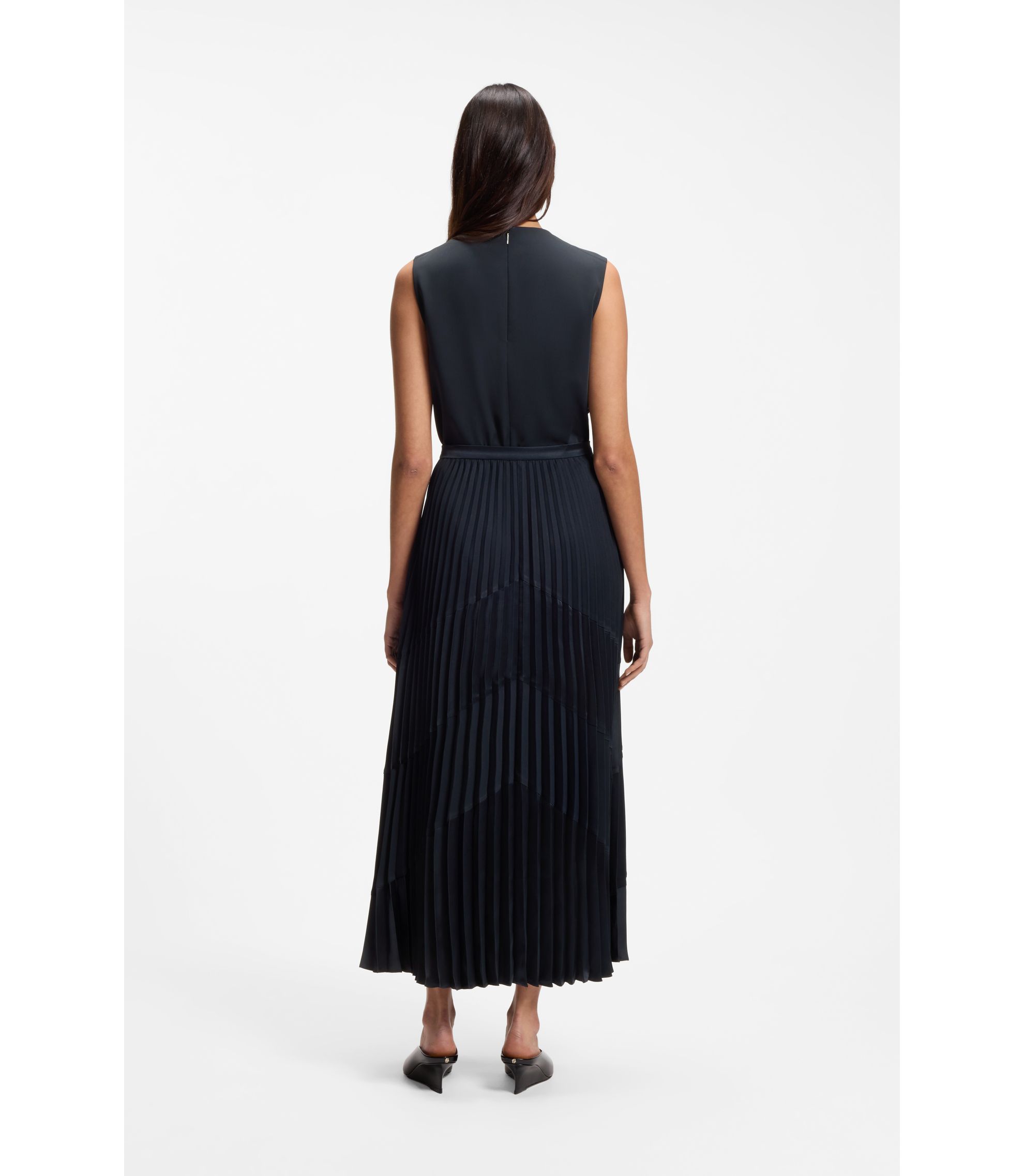 BOSS - Plissé-satin skirt with chevron pattern - Dark Blue