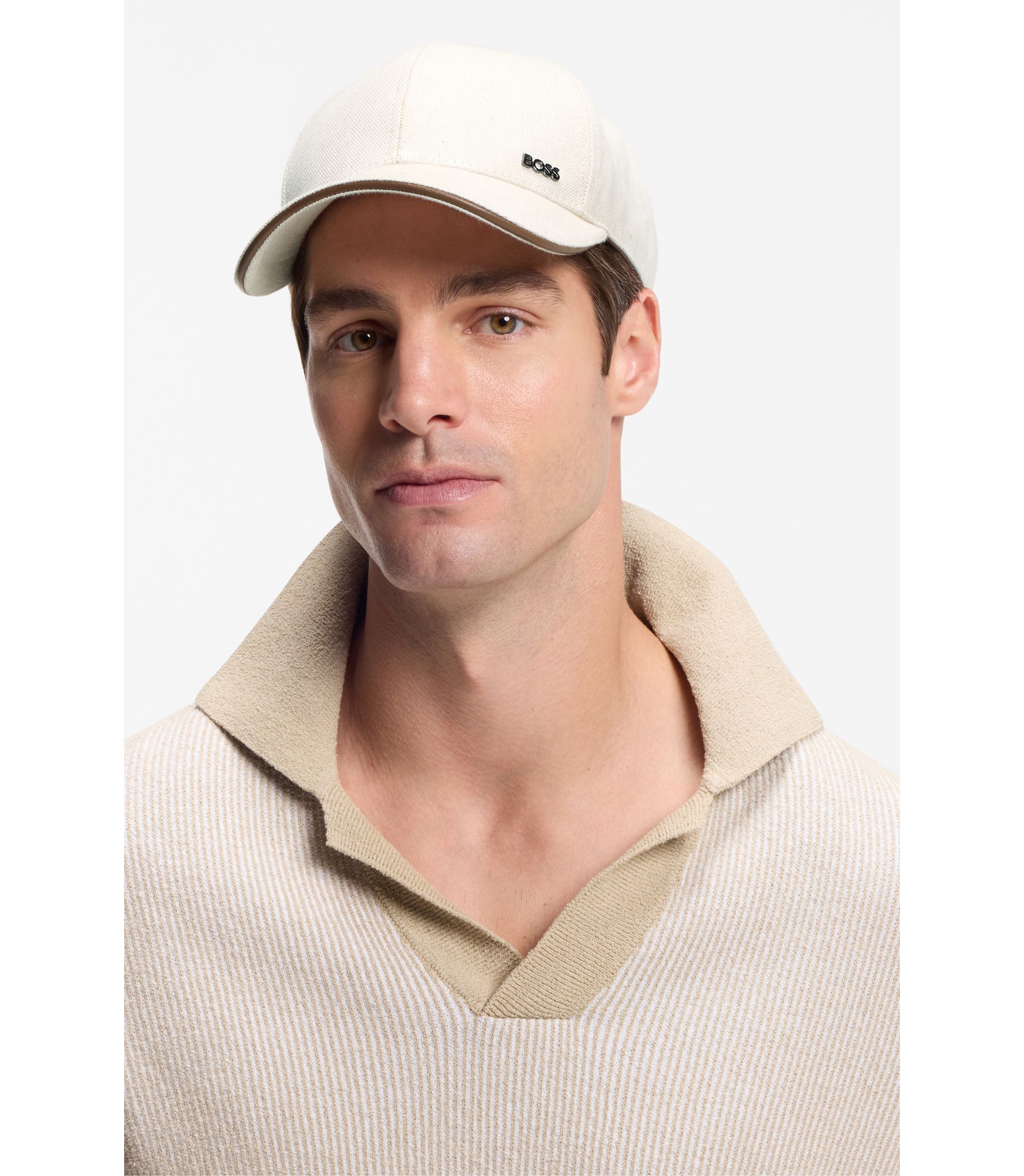BOSS - Cotton-canvas cap with leather trim - White