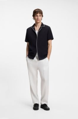 Pantalon coupe droite en lin m&eacute;lang&eacute; avec cordon de serrage, Blanc