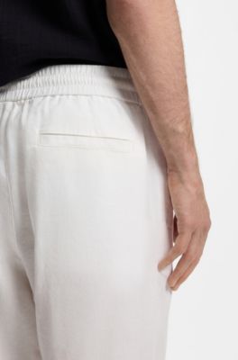 Pantalon coupe droite en lin m&eacute;lang&eacute; avec cordon de serrage, Blanc