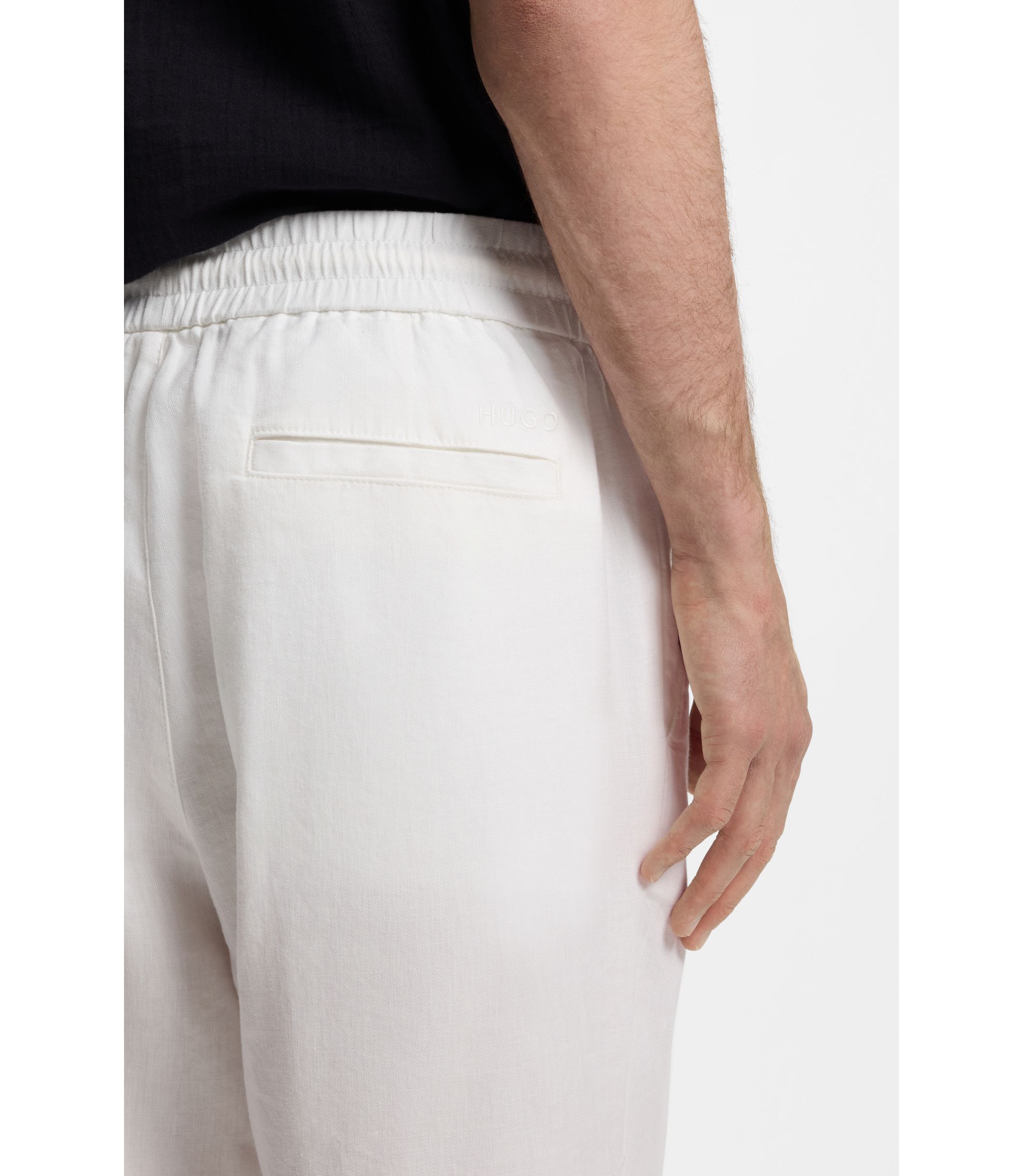 HUGO - Straight-fit drawstring trousers in a linen blend - White