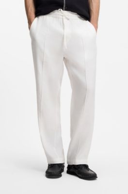 Pantalones straight fit de lino con cord&oacute;n, Blanco