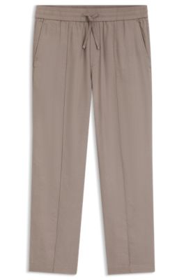 Pantalon coupe droite en lin m&eacute;lang&eacute; avec cordon de serrage, Brun chin&eacute;