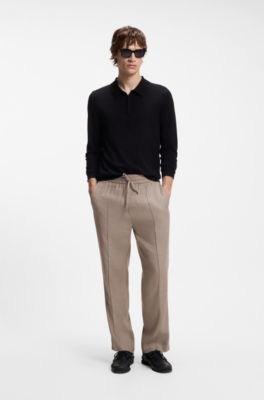 Pantalon coupe droite en lin m&eacute;lang&eacute; avec cordon de serrage, Brun chin&eacute;