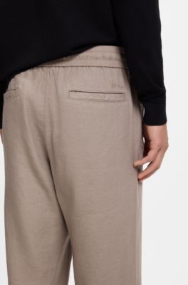 Pantalon coupe droite en lin m&eacute;lang&eacute; avec cordon de serrage, Brun chin&eacute;
