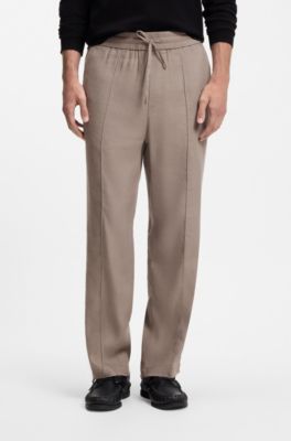 Pantalon coupe droite en lin m&eacute;lang&eacute; avec cordon de serrage, Brun chin&eacute;