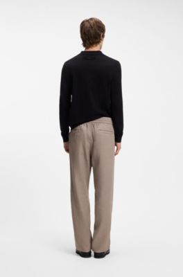 Pantalon coupe droite en lin m&eacute;lang&eacute; avec cordon de serrage, Brun chin&eacute;