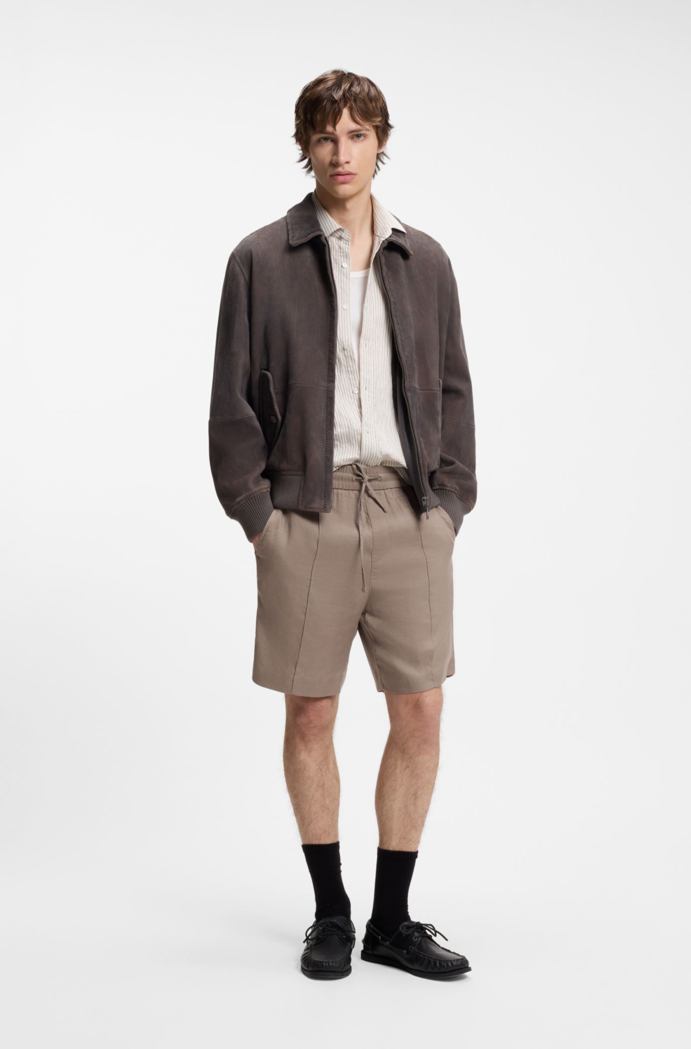 HUGO Straight-fit shorts in a linen blend, Men, Size: S, light brown
