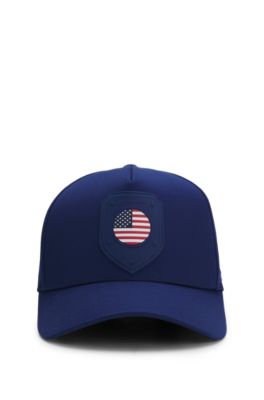 Gorra en sarga brillante con logo e insignia de bandera nacional, USA