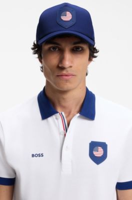 Gorra en sarga brillante con logo e insignia de bandera nacional, USA