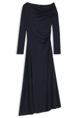 Long-sleeved dress with asymmetric neckline, Dark Blue