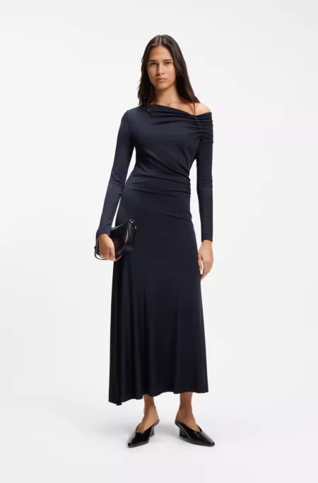Long-sleeved dress with asymmetric neckline