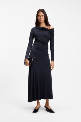 Long-sleeved dress with asymmetric neckline, Dark Blue