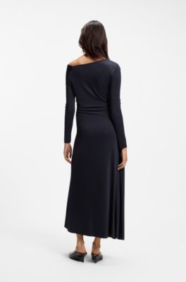 Long-sleeved dress with asymmetric neckline, Dark Blue