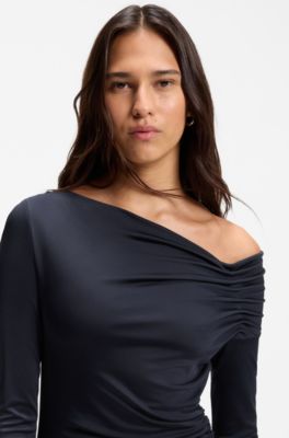 Long-sleeved dress with asymmetric neckline, Dark Blue