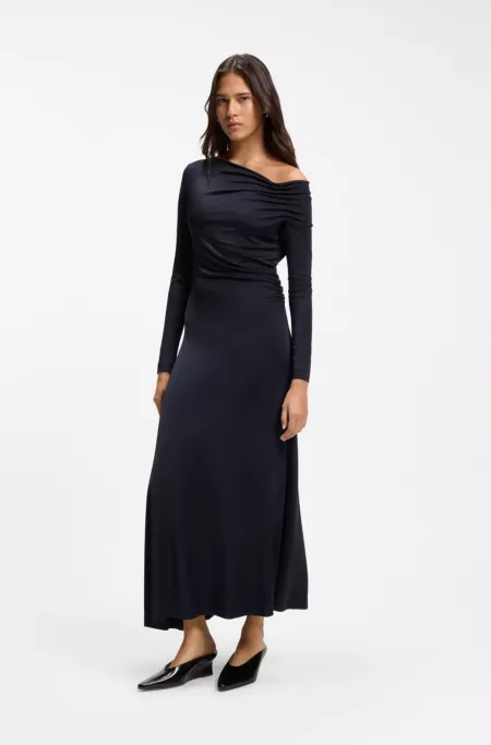 Long-sleeved dress with asymmetric neckline