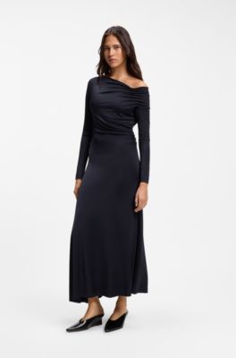 Long-sleeved dress with asymmetric neckline, Dark Blue