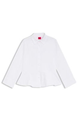 Blusa slim fit de algod&oacute;n con p&eacute;plum, Blanco