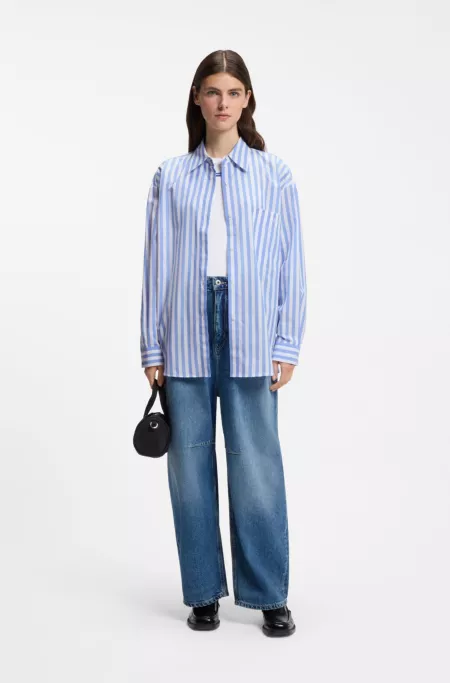 Striped cotton oversized-fit blouse with Happy HUGO logo