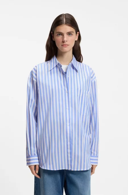 Striped cotton oversized-fit blouse with Happy HUGO logo