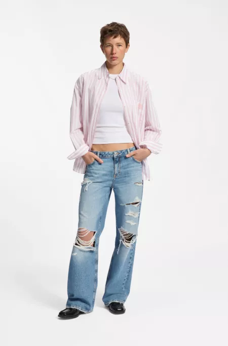 Striped cotton oversized-fit blouse with Happy HUGO logo