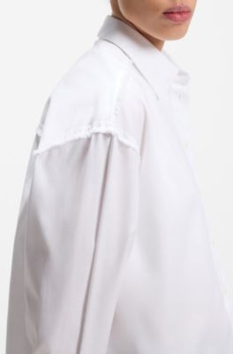 Oversized pinstriped cotton shirt with open-cut hem, White