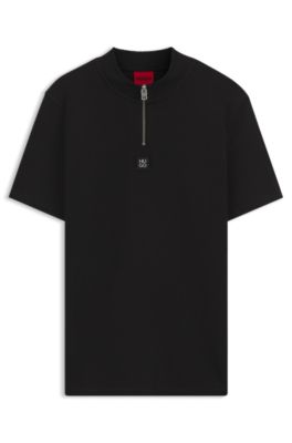 Cotton-blend T-shirt with zipper neck, Black