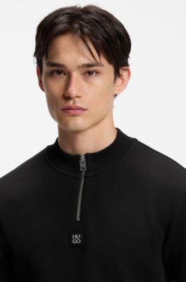 Cotton-blend T-shirt with zipper neck, Black