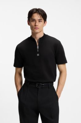 Cotton-blend T-shirt with zipper neck, Black