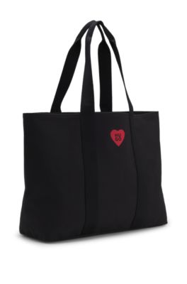 Bolso tote de lona de algod&oacute;n con logo de coraz&oacute;n, Negro