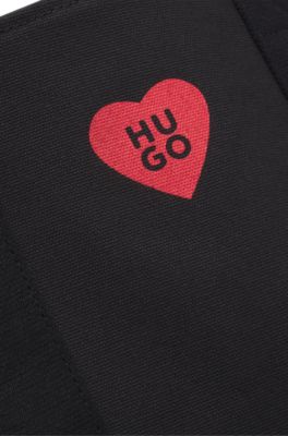 Bolso tote de lona de algod&oacute;n con logo de coraz&oacute;n, Negro
