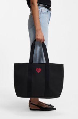 Heart-logo tote bag in cotton canvas, Black