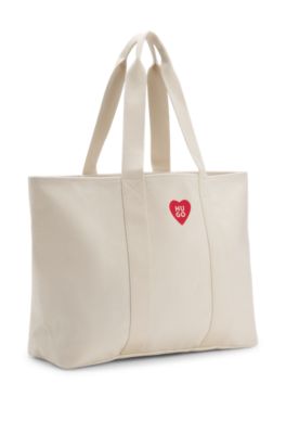 Bolso tote de lona de algod&oacute;n con logo de coraz&oacute;n, Blanco