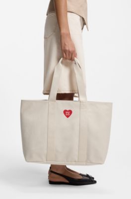 Bolso tote de lona de algod&oacute;n con logo de coraz&oacute;n, Blanco