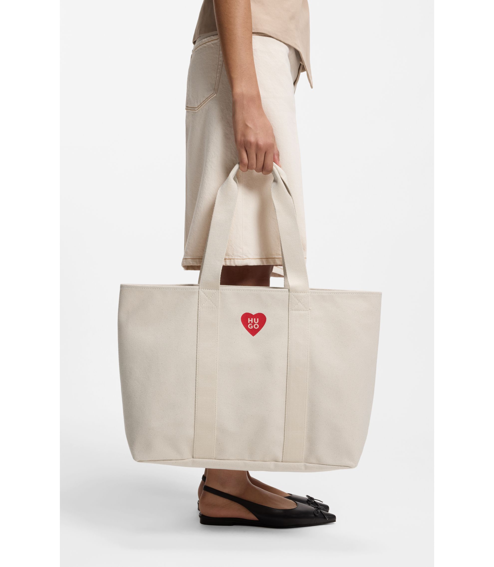 HUGO - Heart-logo tote bag in cotton canvas - White