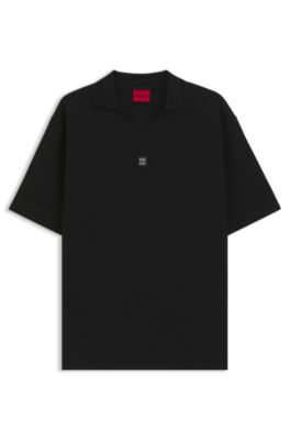 Structured cotton-blend polo shirt with Johnny collar, Black