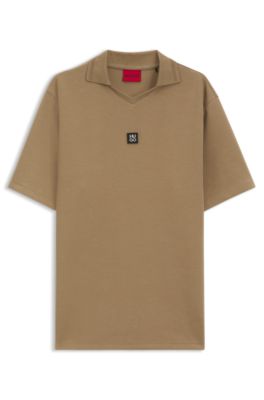 Structured cotton-blend polo shirt with Johnny collar, Beige