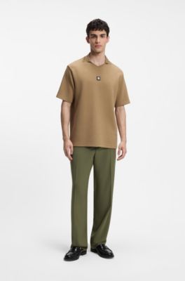 Structured cotton-blend polo shirt with Johnny collar, Beige