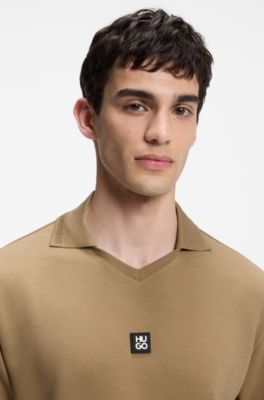 Structured cotton-blend polo shirt with Johnny collar, Beige