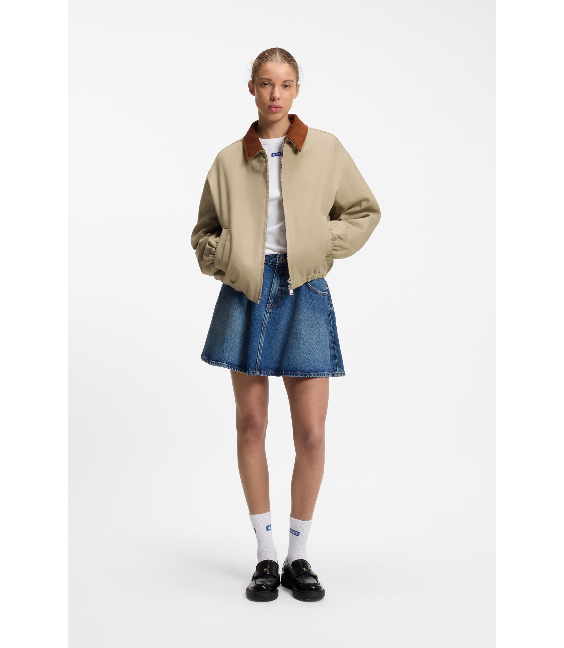 HUGO - Stretch-cotton jacket with contrast corduroy collar - Light