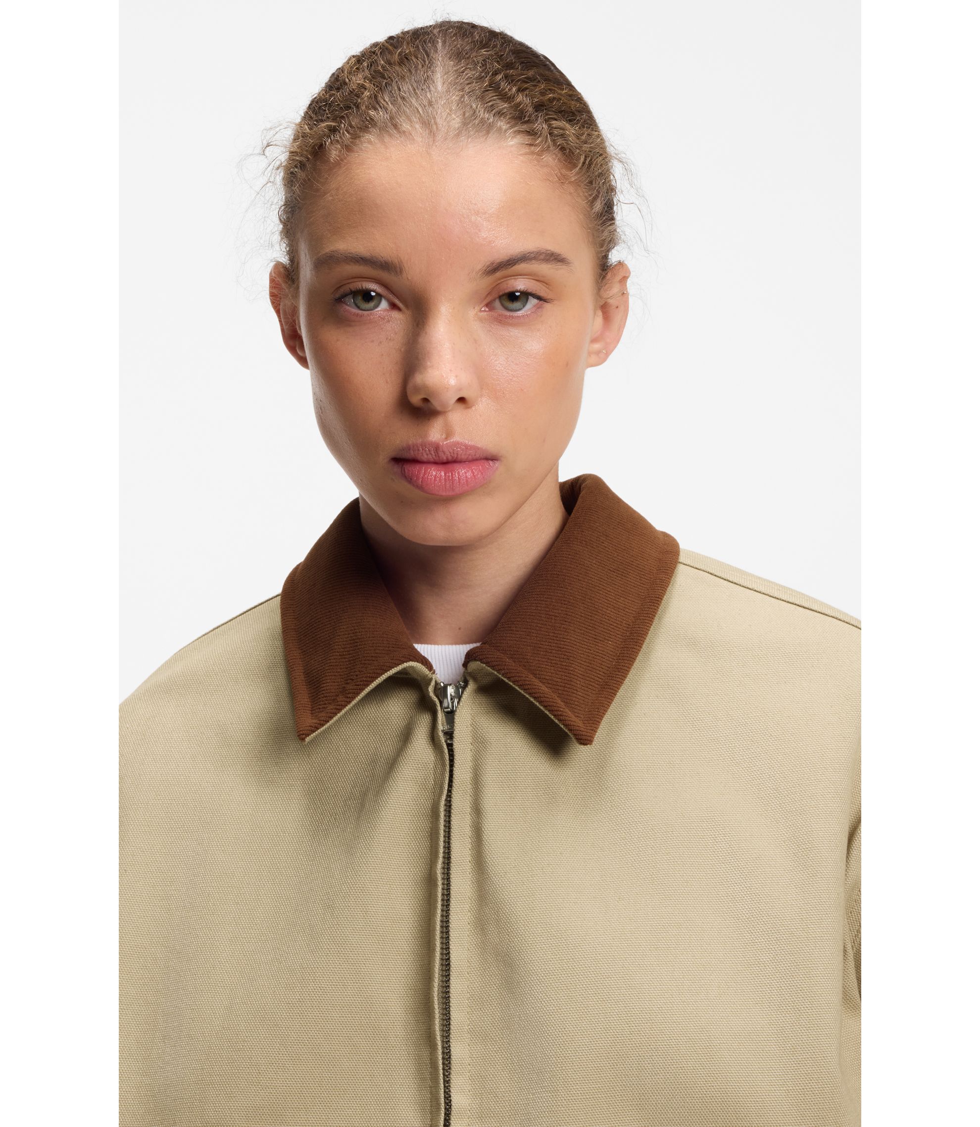 HUGO - Stretch-cotton jacket with contrast corduroy collar - Light
